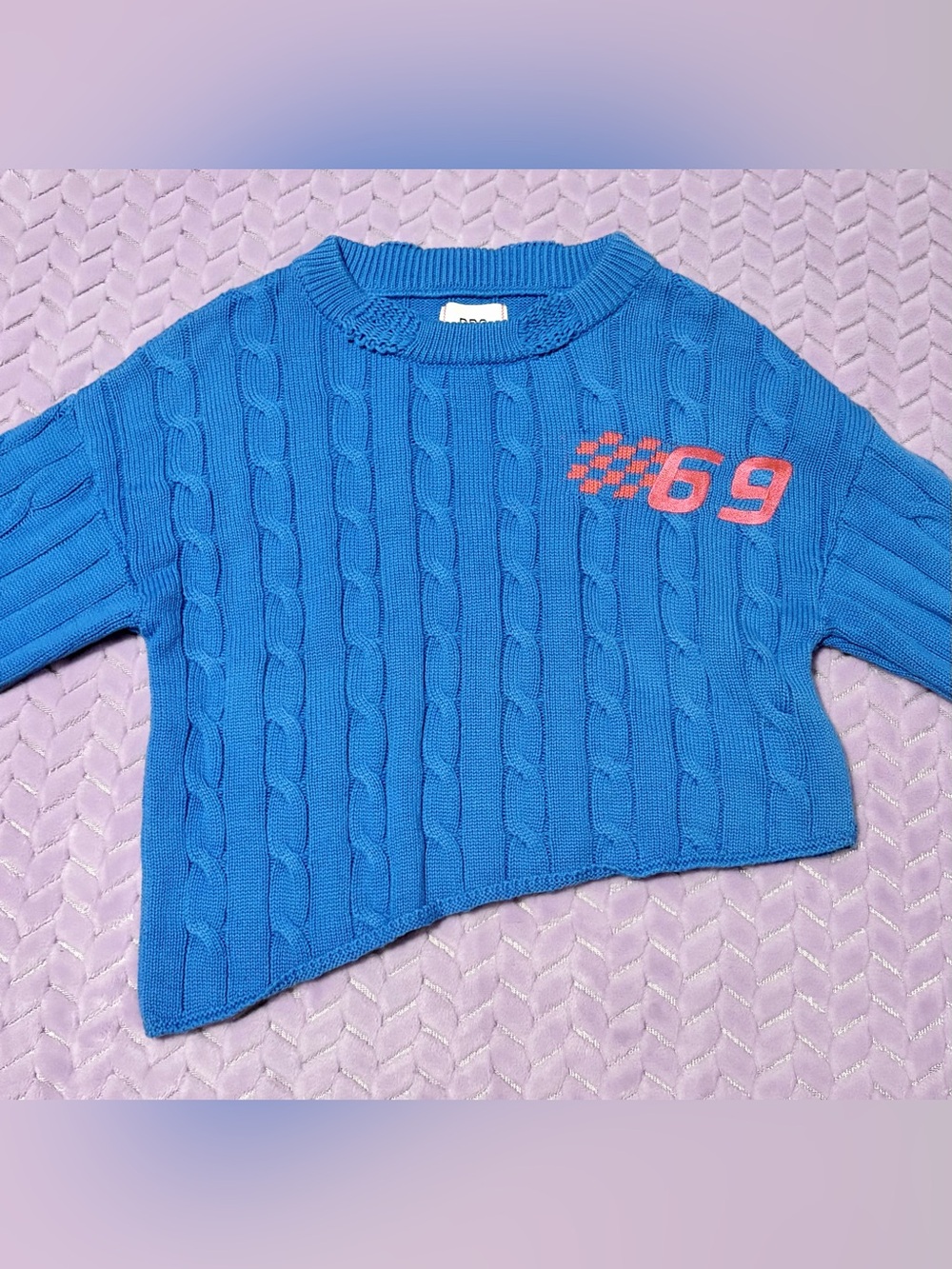 BDG Bright Blue Cable Knit Crew Sweater with Embroidered Graphic